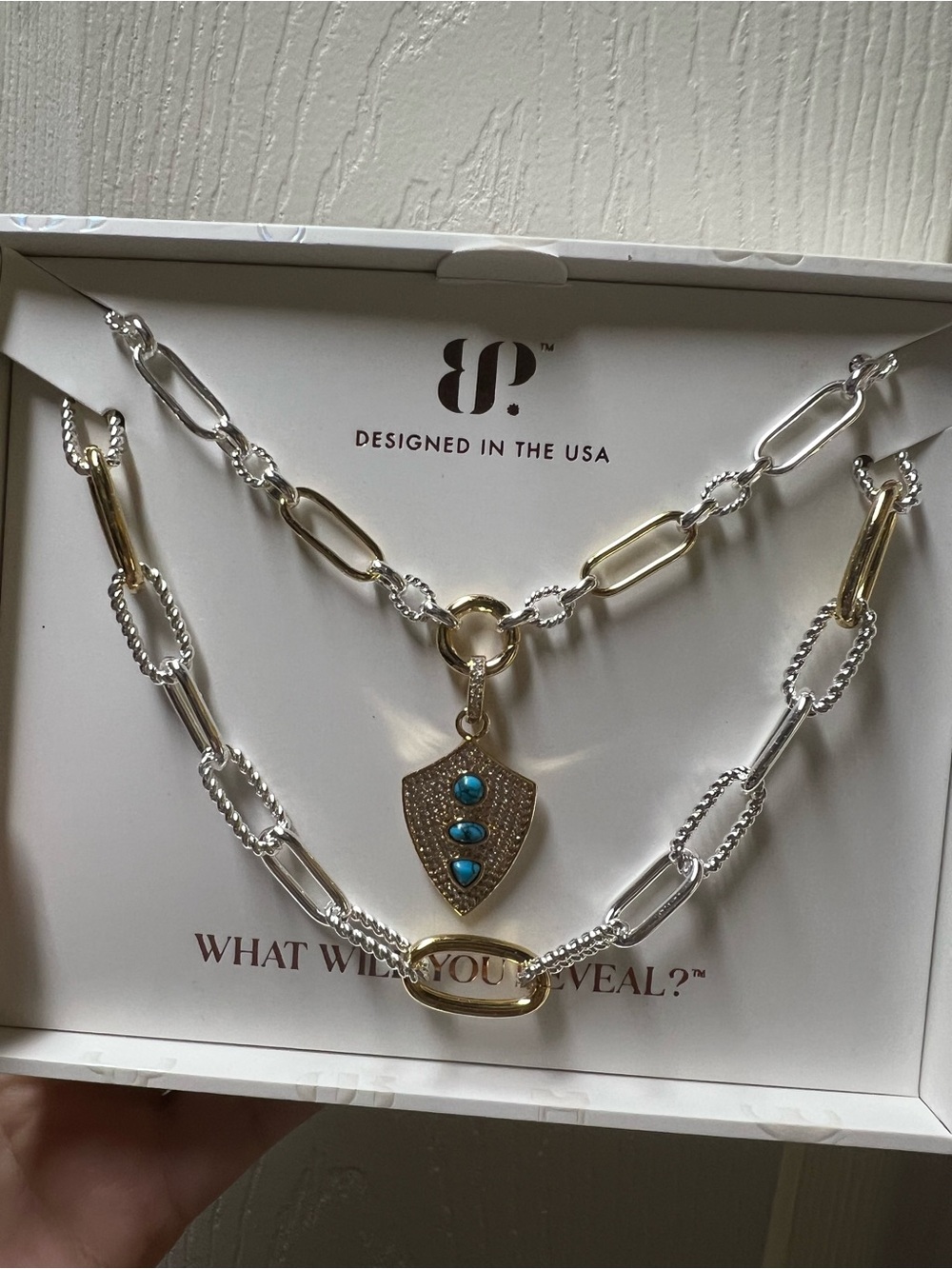 Daydreamer Two-Tone Shield Pendant Necklace with Turquoise Stones